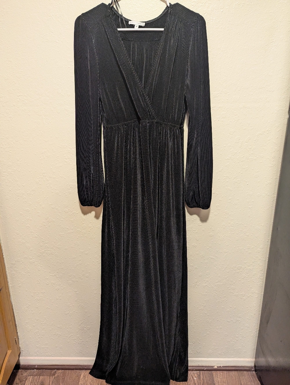 Baltic Born Womens Medium Maxi Dress Ribbed Black Deep V Neck Long Sleeve